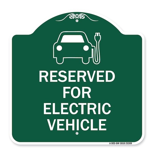 Reserved for Electric Vehicle W/ Graphic, Green & White Aluminum Sign, 18" x 18", GW-1818-23209